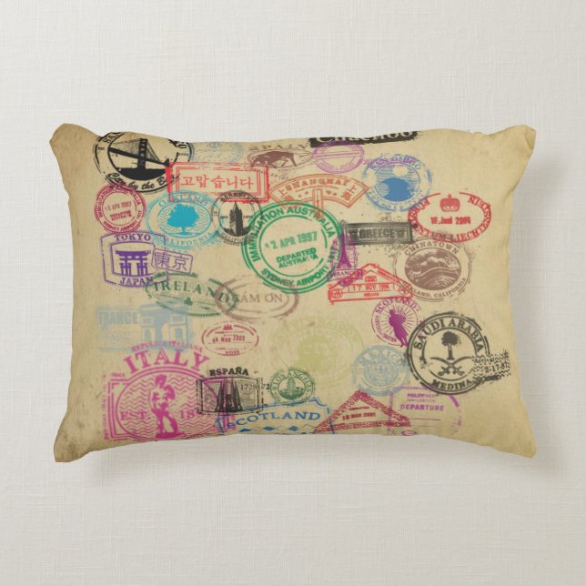 Vintage Passport Stamps Accent Pillow (Front)
