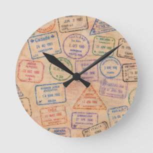 Vintage Passport Stamps Colourful Travel Ephemera Round Clock