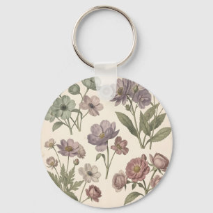 Vintage Pastel Anemones Roses Soft Botanical Key Ring