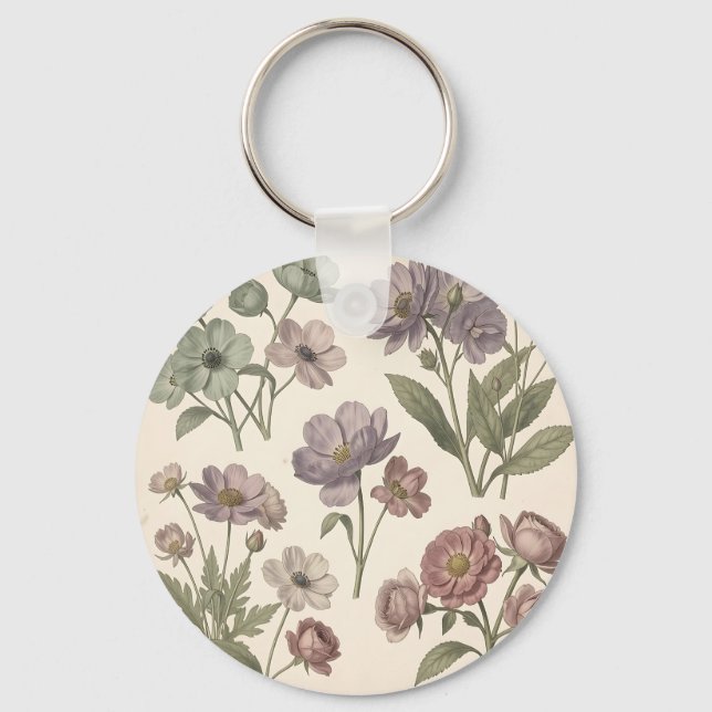 Vintage Pastel Anemones Roses Soft Botanical Key Ring (Front)