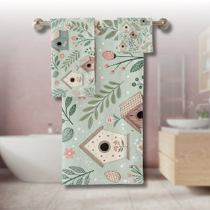 Vintage Pastel Birdhouses with Floral Blooms Bath Towel Set