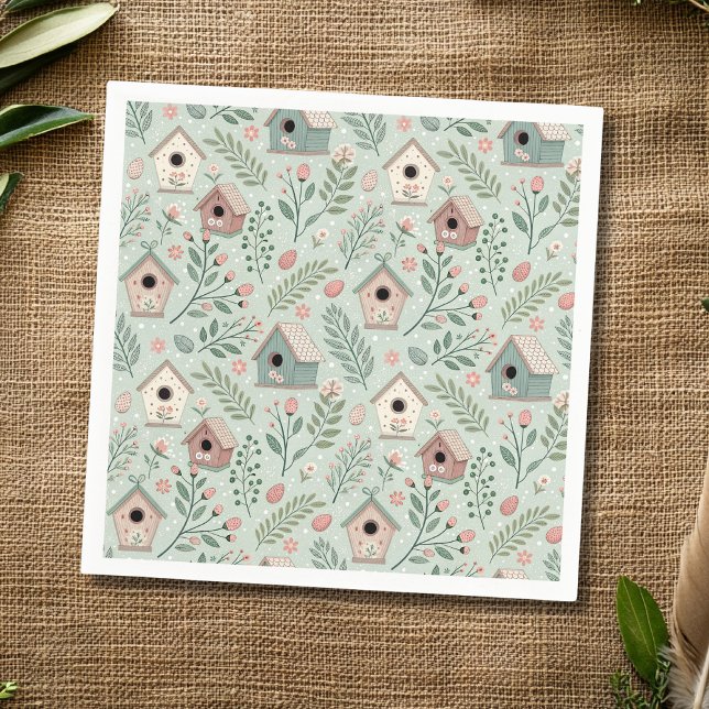 Vintage Pastel Birdhouses with Floral Blooms Napkin (Creator Uploaded)