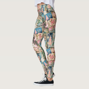Vintage Pastel Christmas Card Collage Leggings