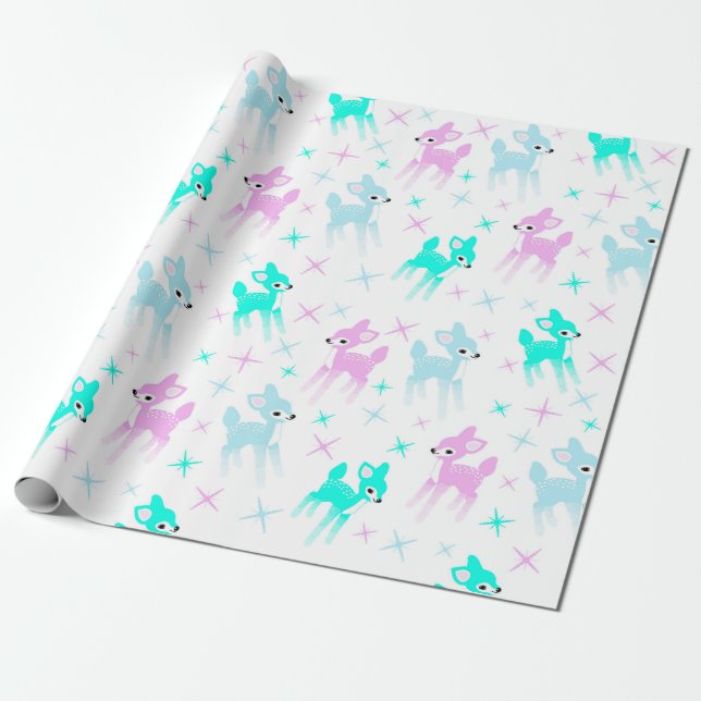 Vintage Pastel Deer Cute Christmas Pattern Wrapping Paper (Unrolled)