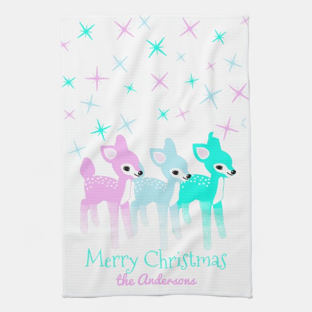 Vintage Pastel Deer Cute Christmas Personalised Tea Towel (Vertical)