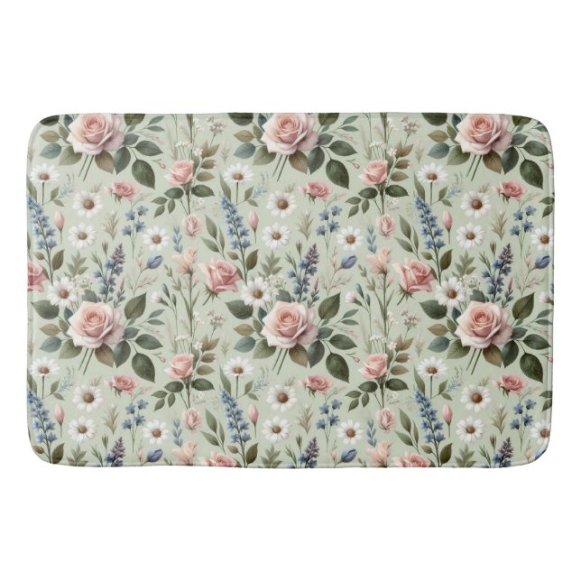 Vintage Pastel Floral Botanical Pattern Bath Mat (Front)