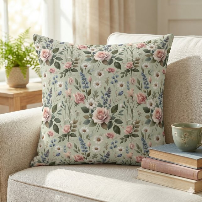 Vintage Pastel Floral Botanical Pattern Cushion (Vintage Pastel Floral Botanical Pattern Throw Pillow Mockup A)