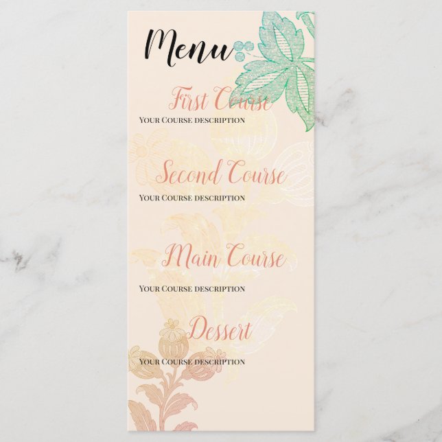 Vintage Pastel Floral Peach Green Wedding Menu (Front)
