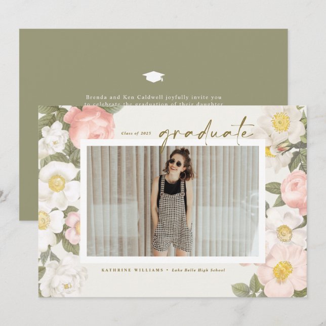 Vintage Pastel Flowers Beige Photo Graduation Invitation (Front/Back)