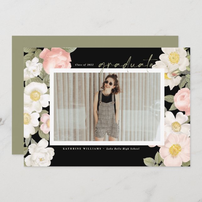 Vintage Pastel Flowers Black Photo Graduation Announcement (Front/Back)