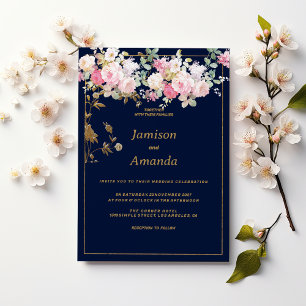 Vintage pastel flowers gold navy blue Wedding Invitation