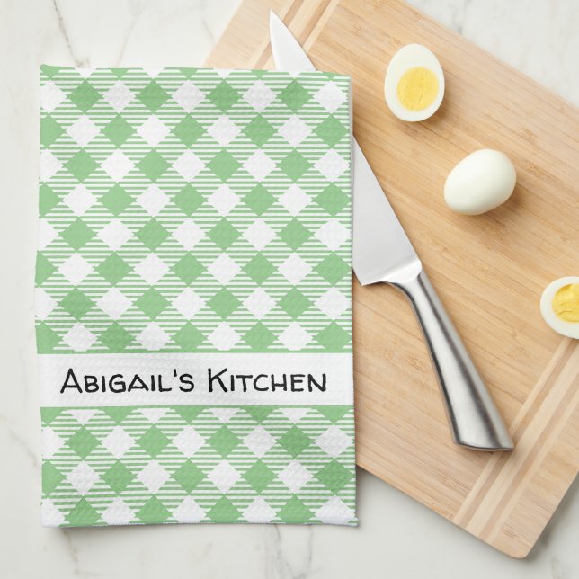 Vintage Pastel Green Gingham Buffalo Check Tea Towel (Quarter Fold)