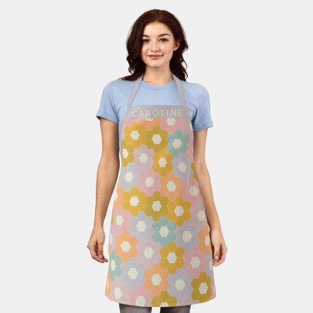 Vintage Pastel Hexagon Flower Pattern Personalised Apron (Worn)