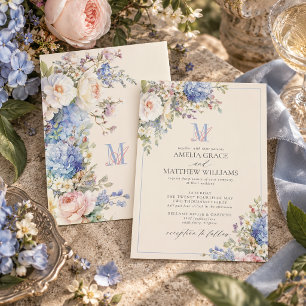 Vintage Pastel Hydrangea Ivory Monogram Wedding Invitation