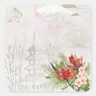 Vintage Pastel Japanese Traditional Illustration  Square Sticker