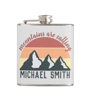 Vintage pastel mountains are calling monogram grey hip flask