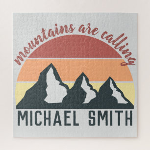 Vintage pastel mountains are calling monogram grey jigsaw puzzle