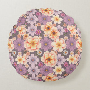 Vintage pastel peach & lavender floral cottagecore round cushion