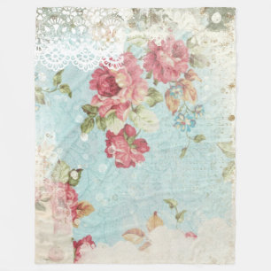 Vintage Pastel Pink Roses & White Lace Fleece Blanket