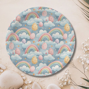 Vintage Pastel Rainbow Easter Eggs with Clouds Paper Plate