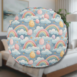 Vintage Pastel Rainbow Easter Eggs with Clouds Round Cushion