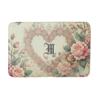 Vintage Pastel Watercolor Boho Floral Hearts Bath Mat