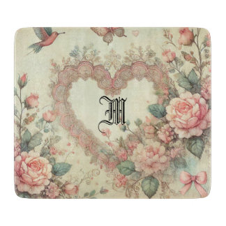 Vintage Pastel Watercolor Boho Floral Hearts Cutting Board
