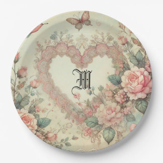 Vintage Pastel Watercolor Boho Floral Hearts Paper Plate