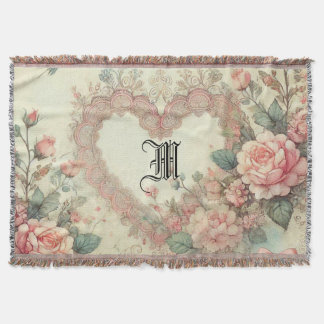 Vintage Pastel Watercolor Boho Floral Hearts Throw Blanket