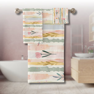 Vintage Pastel Watercolor Floral Stripes Bath Towel Set
