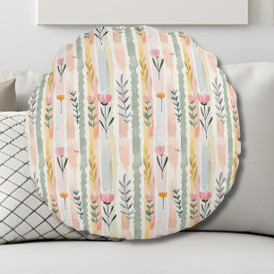 Vintage Pastel Watercolor Floral Stripes Round Cushion