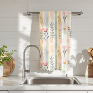 Vintage Pastel Watercolor Floral Stripes Tea Towel