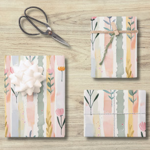 Vintage Pastel Watercolor Floral Stripes Wrapping Paper Sheet