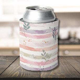 Vintage Pastel Watercolor Stripes Leaves Can Cooler