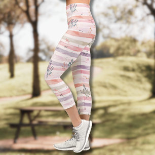 Vintage Pastel Watercolor Stripes Leaves Capri Leggings