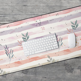 Vintage Pastel Watercolor Stripes Leaves Desk Mat