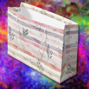 Vintage Pastel Watercolor Stripes Leaves Large Gift Bag