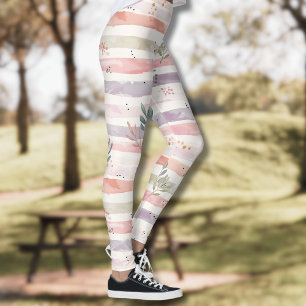 Vintage Pastel Watercolor Stripes Leaves Leggings