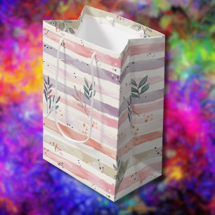 Vintage Pastel Watercolor Stripes Leaves Medium Gift Bag