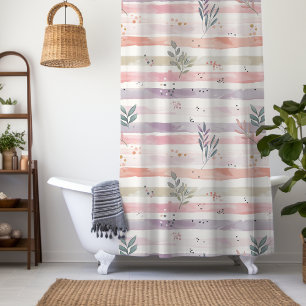 Vintage Pastel Watercolor Stripes Leaves Shower Curtain