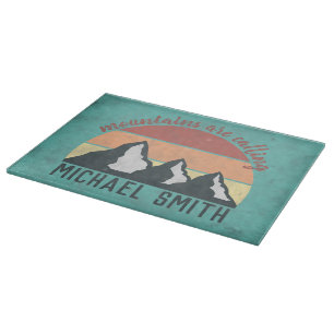 Vintage pastels mountains are calling monogram cutting board