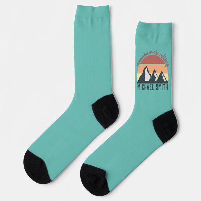 Vintage pastels mountains are calling monogram sky socks (Left)