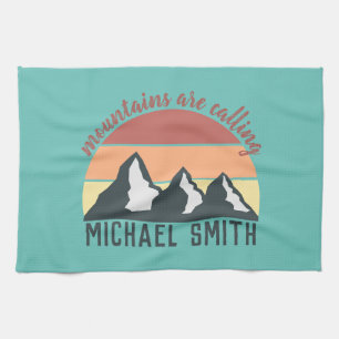 Vintage pastels mountains are calling monogram sky tea towel