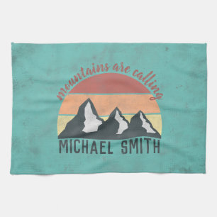 Vintage pastels mountains are calling monogram tea towel