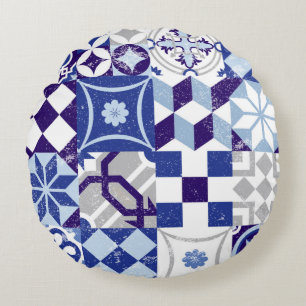 Vintage patchwork background with traditional blue round cushion