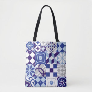 Vintage patchwork background with traditional blue tote bag