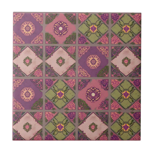 Vintage Patchwork Purple Pink Green Tile (Front)