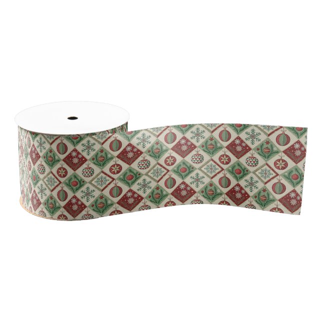 Vintage Patchwork Quilted Christmas Pattern Grosgrain Ribbon (Spool)
