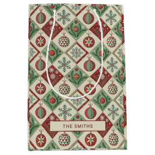 Vintage Patchwork Quilted Christmas Pattern Medium Gift Bag