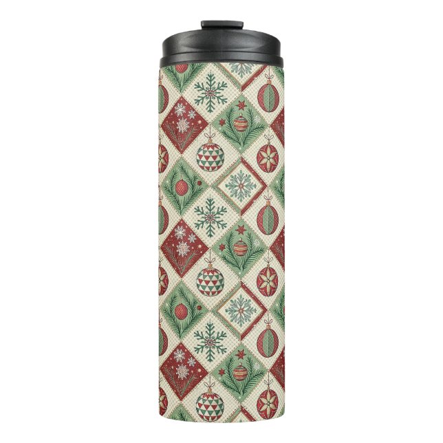 Vintage Patchwork Quilted Christmas Pattern Thermal Tumbler (Front)